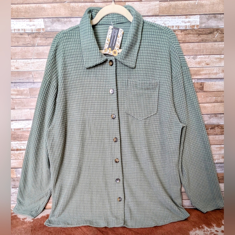 Green Button-Up Waffle Knit Shirt